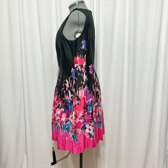 CHETTA B Sz 14 Black in  Bright Floral Print  Sleeveless Pleated Lined Dress - Picture 3 of 5